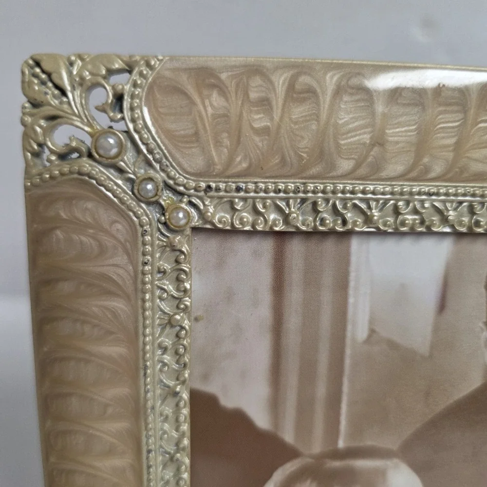 Vintage Amora Gold Enamel Square 5x5 Photo Frame Pearl Beaded Wedding Ornate